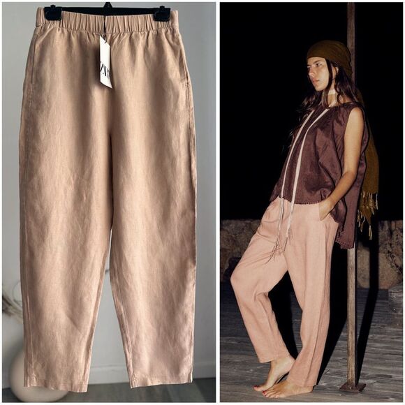 100% Linen Zara Pants Beige Pink - Picture 1 of 6